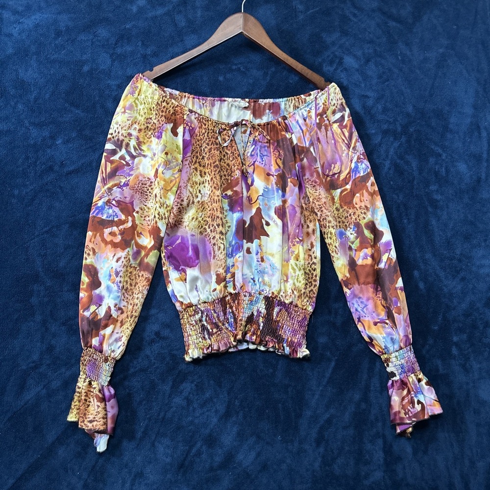 Vintage Cache Y2K Womens Silk Top Size XS Oversized Smocked Animal Mob Wife